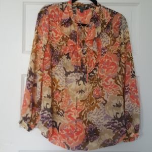 Lauren ralph lauren sheer orange and tan floral blouse, PM